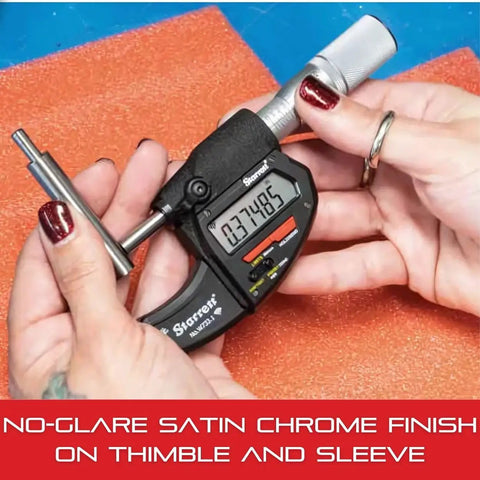 Electronic Micrometer With SPC Output, IP67 Waterproof, Satin Chrome Finish, displayed in hand showing LCD reading
