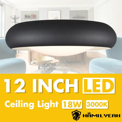 Close-up of Dimmable LED Ceiling Light Flush Mount 18W 3000K Warm White 10-Inch Round Black Fixture in modern room setting.