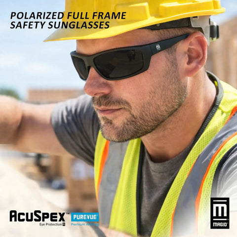 Close up of a man wearing 144 Pack Polarized Gray Antifog Safety Glasses Rock Solid Ansi Z87 Plus on a job site.