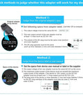 Illustration showing two methods to determine compatibility of a 5V 2A Wall Power Adapter With 11 Interchangeable DC Tips, including plug dimensions and adapter specs.