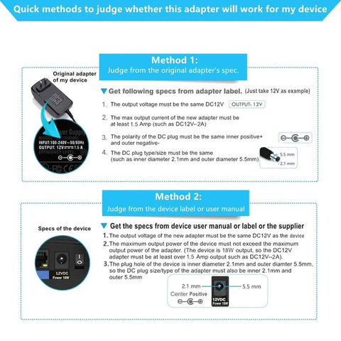 Illustration showing two methods to determine compatibility of a 5V 2A Wall Power Adapter With 11 Interchangeable DC Tips, including plug dimensions and adapter specs.