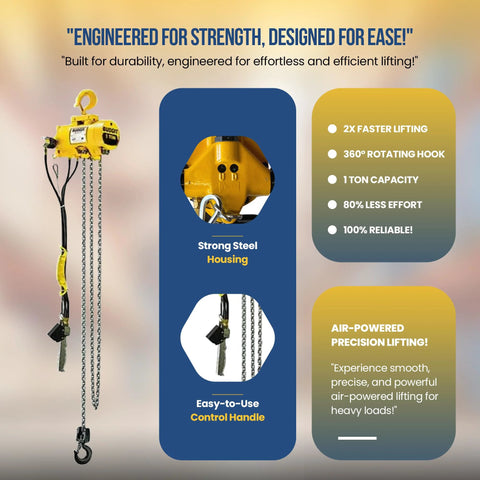 1-ton Budgit 2200 heavy-duty air hoist with yellow steel housing and hanging chains