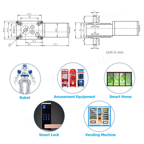 Diagram and applications of 12V Dual Shaft Worm Gear Motor With Cable Self Locking Reversible Drive 5 RPM 15 Kg Cm