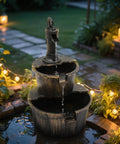 27 Inch Tall Outdoor Barrel Water Fountain With Two Tier Cascading Waterfall And Electric Recirculating Pump Bronze Garden Decor