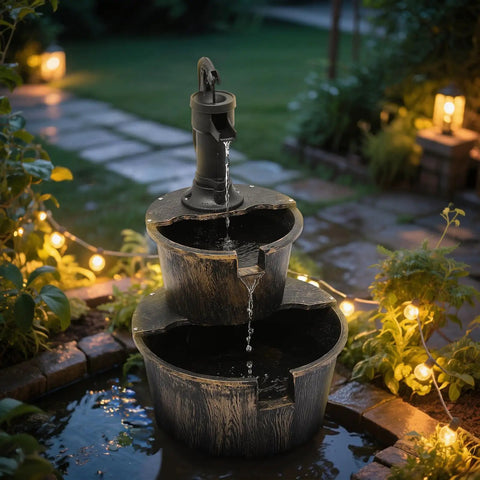 27 Inch Tall Outdoor Barrel Water Fountain With Two Tier Cascading Waterfall And Electric Recirculating Pump Bronze Garden Decor