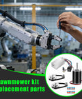 Robotic arm with screwdriver in factory and insert image of lawnmower kit replacement parts, including pulleys and motor bundle