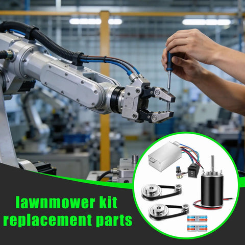 Robotic arm with screwdriver in factory and insert image of lawnmower kit replacement parts, including pulleys and motor bundle