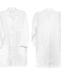 Front and back of White Unisex Lab Coat With Long Sleeves, Breathable Polyester And Cotton Blend, Lightweight Comfort