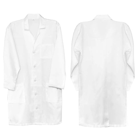Front and back of White Unisex Lab Coat With Long Sleeves, Breathable Polyester And Cotton Blend, Lightweight Comfort