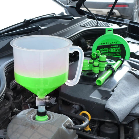 Shop Grade 18 Piece No Mess Coolant Funnel Kit With Universal Adapters in action, showcasing the green funnel attached to radiator.