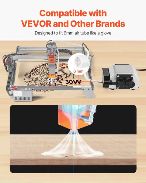 Front view of VEVOR Air Assist pump kit for laser cutter, 30 L/min airflow, connected to engraving machine