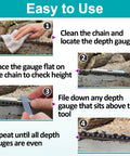 Image tutorial on using Three Must Have Depth Gauge Tools With Flat Files Chainsaw Maintenance Kit for accurate raker adjustment.