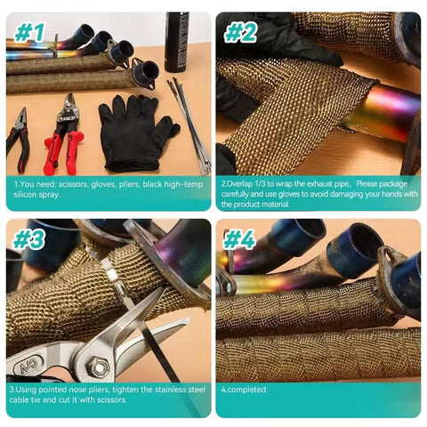 2 Inch By 16 Foot Titanium Fiberglass Exhaust Heat Wrap Roll With Heat Shield Tape Kit Includes 10 Stainless Zip Ties Gloves Red Measuring Tool And Setup Manual For Motorcycle Car And Truck For All Rides shown with tools and instructions.
