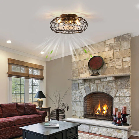 Modern Black Ceiling Fan With Remote Control And Light Kit Industrial Caged Fandelier Style Ceiling Fans For Kitchen Bedroom Living Room And Dining Room 17 Inch E12 Bulb Base Compatible Sleek And Dope in a living room setting.