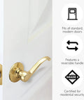 Old School Scroll Passage Door Lever For Hall And Closet Polished Brass Non-Locking Handle Fully Reversible For Left Or Right Doors Smooth Operation Fits Standard Interior Doors 6.38 In X 1.88 In X 2.63 In 783035 shown on a white door