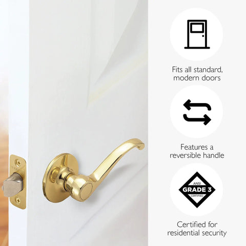 Old School Scroll Passage Door Lever For Hall And Closet Polished Brass Non-Locking Handle Fully Reversible For Left Or Right Doors Smooth Operation Fits Standard Interior Doors 6.38 In X 1.88 In X 2.63 In 783035 shown on a white door
