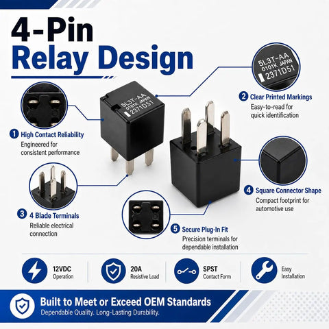 Ford Oil Pump Starting Relay 12V DC 20A, 4 Pins, Replacement Pack of 2 for 5L3T-AA, Compatible With Ford Vehicles, High Quality Automotive Relay for Reliable Engine Start and Long Lasting Performance, 4-pin black relay