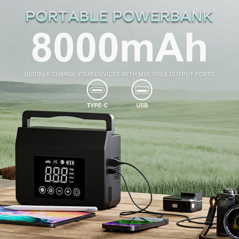 8000mAh portable power bank with digital display and multiple output ports, devices charging in outdoor setting