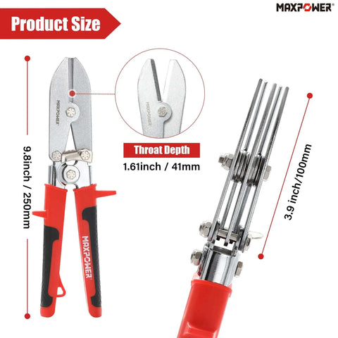 5-Blade Sheet Metal Crimper Hand Tool For Ductwork And Stove Pipe, 9.8 Inch HVAC Crimper, close-up view with measurements
