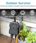 Outdoor Two Socket Smart Plug WiFi Outlet With Alexa And Google Home Compatibility, Remote Control, Energy Monitoring, Waterproof, mounted on wood near plants