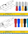Dimensions and colors of 100 Piece Bullet Connectors Kit Insulated Female And Male Terminals For Electrical Marine And Automotive Wire Crimp Connectors Brass Construction For High Current And Low Voltage Drop Built To Last