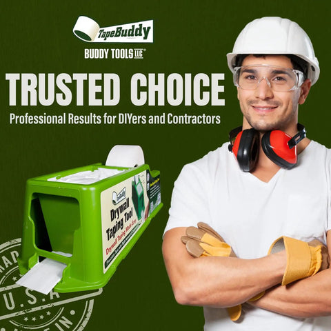 Professional with TapeBuddy Drywall Taping Tool For Faster Mud Application, DIYers Friendly Tape Dispenser in green.