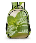 Front view of Green Mint Herb Printed Unisex Backpack With Large Capacity, showcasing mint leaf pattern, polyester material.