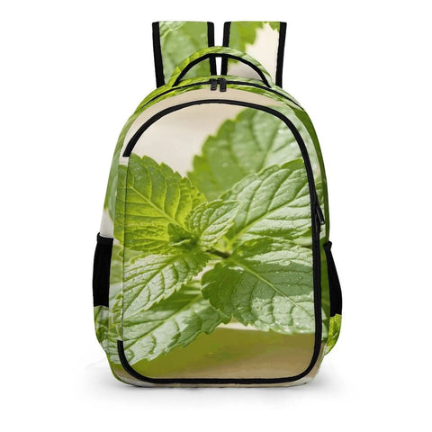 Front view of Green Mint Herb Printed Unisex Backpack With Large Capacity, showcasing mint leaf pattern, polyester material.