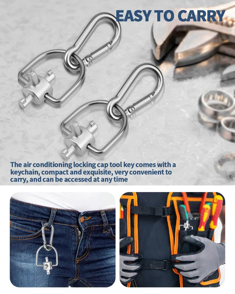 Must Have Two Pack HVAC Locking Cap Key Kit 3 In 1 Valve Core Remover Tool for R410A R22 shown as portable with keychain