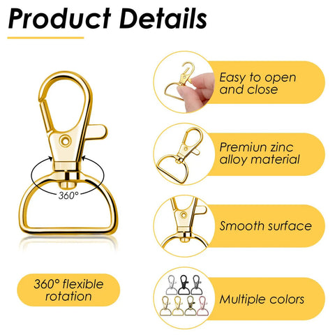 Close-up of 80 Pack Hella Durable Swivel Clasp Hooks Key Chain Clips with secure D-ring for DIY crafts, showing 360-degree rotation.