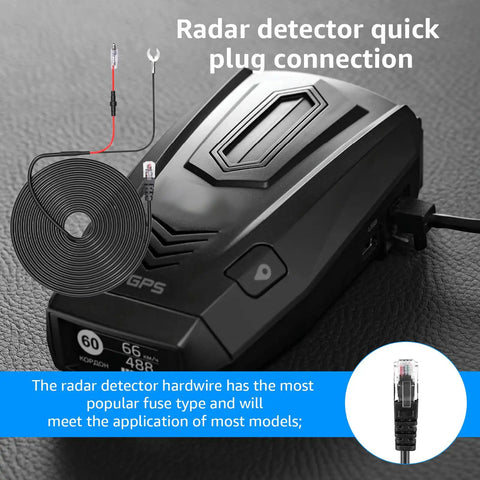 Radar Detector Hardwire Kit for Escort, Valentine One, Uniden, Beltronics, Cobra with RJ-11 Style Jack shown with detector