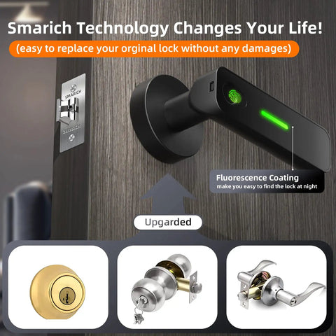 Fingerprint Door Lock With Lever Handle And Keyless Entry For Smart Bedroom Security, featuring upgraded fluorescence coating.