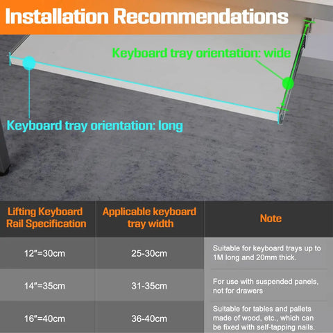 Installation recommendations for Slick Under Desk Keyboard Tray Pull Out Slide With Height Adjustable Full Extension Ball Bearing Rails.