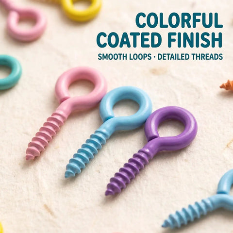 Grab These Dope Colorful Screw Eye Pins For Your Next DIY Jewelry Crafter Featuring Solid Metal Build And Rust Proof Coating In Mixed 1Mm 4Mm 8Mm Dimensions Ideal For Handmade Accessories And Creative Sewing Projects. Colorful coated screw eye pins in pink, blue, and purple with smooth loops.