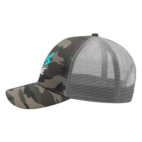 Mens Ball Cap Dope Streetwear Athletic Trucker Hat with Adjustable Buckle in camo pattern, side view for everyday wear