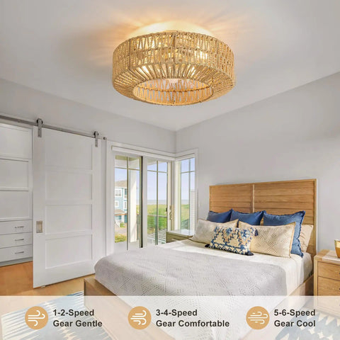 Whisper Quiet Boho Caged Rattan Fandelier Ceiling Fan With Bright Integrated Lighting and remote control in a cozy bedroom setting.