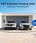 Level 1 And Level 2 Portable EV Charger With 8 To 16 Amp Adjustable Current And 25 Foot Cord, NEMA 5 To 15 And 6 To 20P, J1772 Cable shown charging two vehicles in driveway