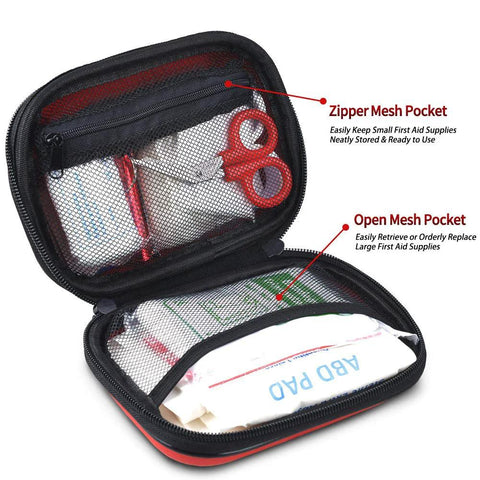 I GO 85-piece hard-shell mini first aid kit, red, front view with open mesh pockets and scissors.