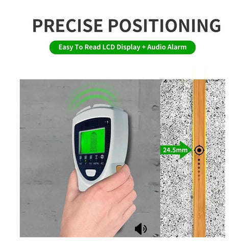 Gold Detector, SH201 Metal Detector Stud Finder Wall Scanner LCD Display for Treasure Hunts in use, showing LCD display and detection process.