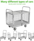Seven In One Platform Trolley With Cage For Industrial Material Storage Built To Haul Fully Adjustable Design Converts Into Five Sided Cage Cart Four Sided Fence Cart Market Trolley Three Sided Fence Cart Double Sided Cart Dual Handle Platform Truck, silver steel