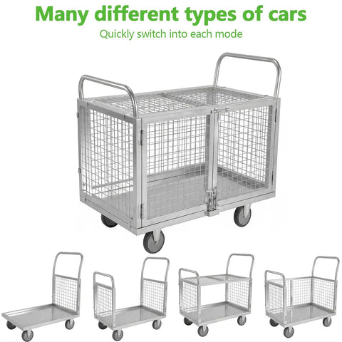 Seven In One Platform Trolley With Cage For Industrial Material Storage Built To Haul Fully Adjustable Design Converts Into Five Sided Cage Cart Four Sided Fence Cart Market Trolley Three Sided Fence Cart Double Sided Cart Dual Handle Platform Truck, silver steel