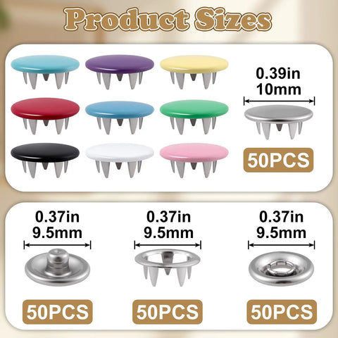 Colorful 200 Pieces 9.5mm Alloy Snap Button Kit For Fabric Sewing Colorful Fasteners For Clothing Hats And DIY Crafts