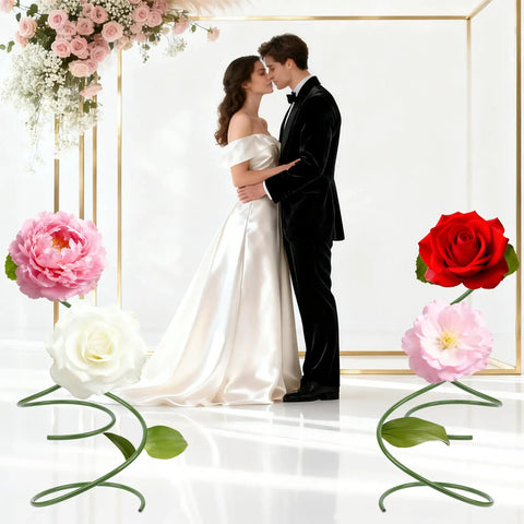 Wedding scene with a couple in formal attire, surrounded by floral decor using green flexible PVC tubing with aluminum wire core.