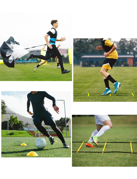 All In One Pro Grade Agility Ladder Set For Football Training With 20 Foot Speed Ladder, 12 Rungs Disc Cones Hurdles Resistance Parachute