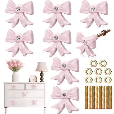 Eight Piece Pink Bow Dresser Knob Set Cast Iron Drawer Pulls For Cabinets And Wardrobes Vintage Coquette Style Cute Nursery Rooms
