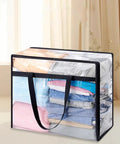 Super Roomy Clear Zippered Storage Bags With Heavy Duty Handles And Full Transparent Panels for closet organizing with packed clothing.