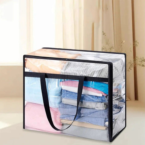 Super Roomy Clear Zippered Storage Bags With Heavy Duty Handles And Full Transparent Panels for closet organizing with packed clothing.