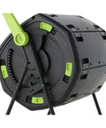 Close-up of 48 Gallon Compost Tumbler With Cart Dual Compartment Geared System For Easy Emptying Elevated Base With Turning Lock