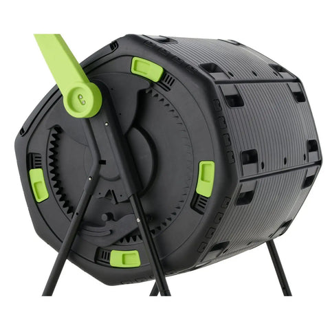 Close-up of 48 Gallon Compost Tumbler With Cart Dual Compartment Geared System For Easy Emptying Elevated Base With Turning Lock