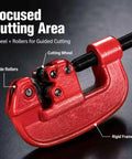 Focused Cutting Area on Versatile Pipe Cutter For One Eighth To Two Inch Tubing, portable red metal cutter with guide rollers